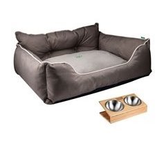 Cama para mascota + comedero doble