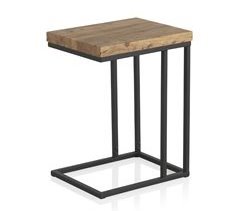 Mesita auxiliar de madera de olmo antigua con pata de metal