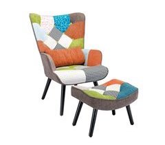 Sillón patchwork escandinavo con reposapiés y cojín lumbar