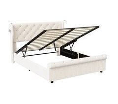 Cama tapizada con USB, hidráulica, con almacenamiento y LED