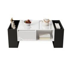 Mesa de centro, cajones, 4 compartimentos abiertos.