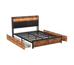 Cama doble con cabecero, 4 cajones, LED y estación de carga