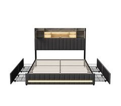 Cama doble con USB, LED, almacenaje, 4 cajones