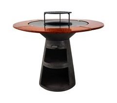 Barbacoa redonda con plancha de acero y grill y tablero de madera