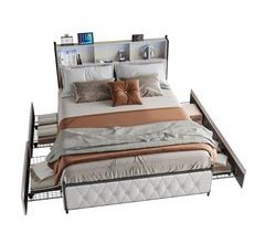Cama con LED, carga USB, 4 cajones y gran almacenamiento 162x217