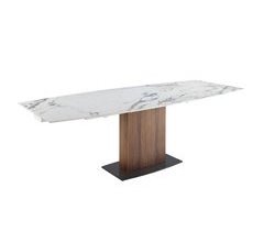 Mesa comedor extensible ovalada barril mármol porcelánico y nogal