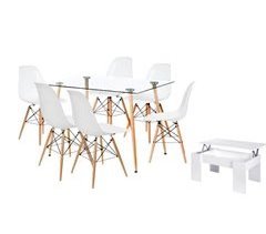 Pack Mesa de Cristal Templado + 6 Sillas + Mesa de Centro 140x80