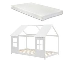 Cama para niños Tostedt en forma de casa con ventanas y colchón 97x207