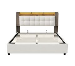 Cama doble con almacenamiento, LED, cabecera y función hidráulica