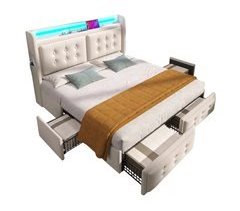 Cama de matrimonio de algodón y lino con 4 cajónes 188x220