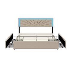 Cama doble, tapizada con 4 cajones y LED