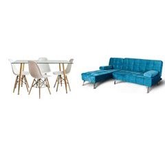 Pack Sofa Chaise Longue + Mesa de Cristal Templado + 4 Sillas 120x70