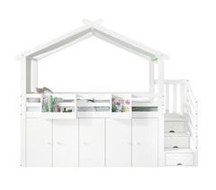 Cama alta cabaña infantil de madera de pino y mdf