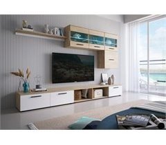 Salón moderno PARIS, comedor con luces Leds, acabado en Roble/Blanco, medidas: 250x190x42 cm de fondo