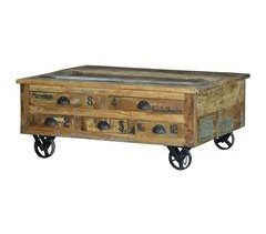 Mesa de centro baja de 5 cajones en madera reciclada