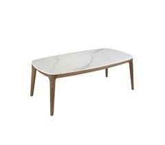 Mesa centro ovalada barril mármol porcelánico y nogal