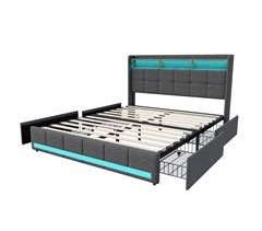 Cama Somier LED y 2 USB, tipo C, cama doble acolchada con 4 cajones 148x218
