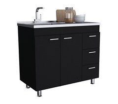 Mueble bajo Ferreti en melamina con 3 cajones, 2 puertas y encimera de acero