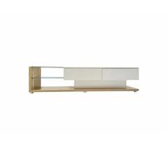 Muebles de TV brillantes y madera con frente de vidrio.