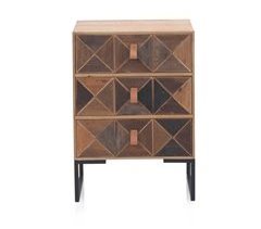 Mesilla de noche de madera reciclada con 3 cajones y base de metal
