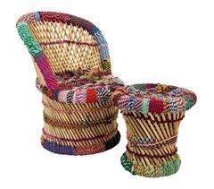 Set 2 sillón y taburete de bambú