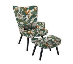 Sofá individual de lino estampado lilium floral con reposapiés