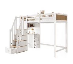 Cama alta infantil de madera de pino con 3 cajónes