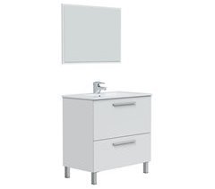 Mueble baño Luis 1 cajón 1 puerta, espejo y lavabo, Blanco brillo