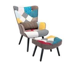 Sillón patchwork escandinavo con reposapiés y cojín lumbar