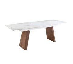 Mesa comedor extensible ovalada barril mármol porcelánico y nogal