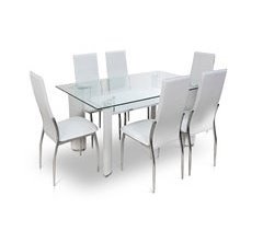 Mesa de Cristal Templado + 6 Sillas en Polipiel/Metal