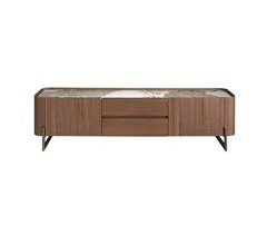 Mueble TV nogal, acero visón metal y tapa de mármol porcelánico