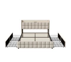 Cama de Casal com Cabeceira LED, USB e 4 Gavetas de Armazenamento