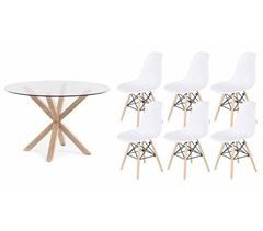 Pack Mesa Redonda de Cristal Templado + 6 Sillas Estilo Nordico 120x120