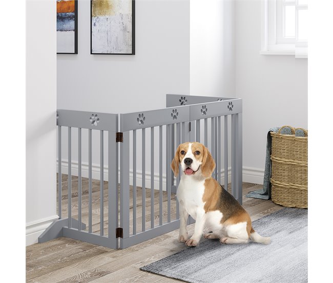Barrera para Mascotas Madera de Pino PawHut Gris