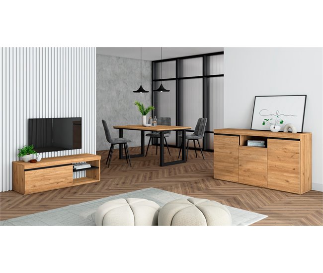 Conjunto Muebles de Salón, Mesa, Aparador, Mueble TV Roble