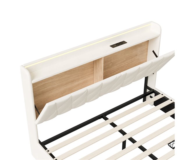 Cama LED RGB, USB, cajones almacenaje Beige