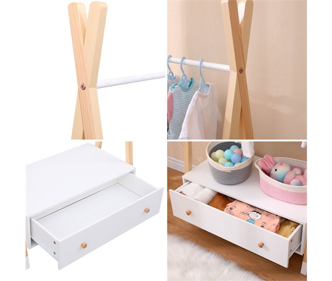 Perchero de madera y blanco con cajón para niños LOU Blanco