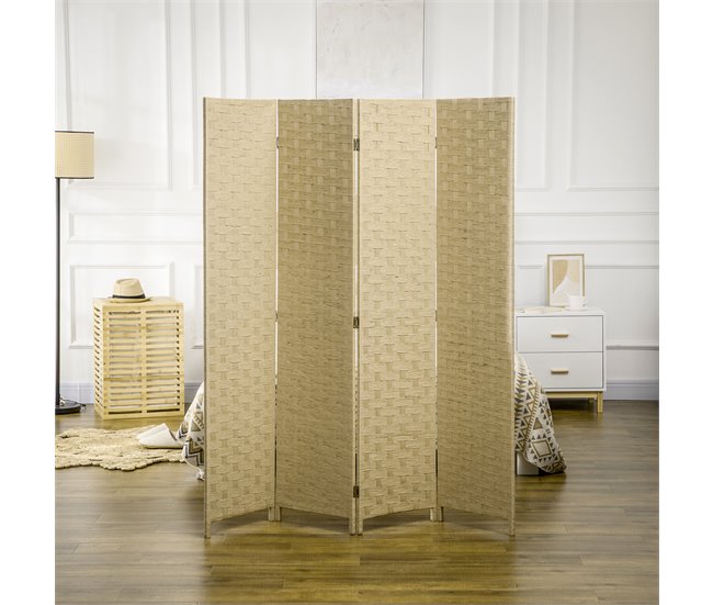 Biombo Separador Cuerda de Papel, Madera de Pino HOMCOM Marron