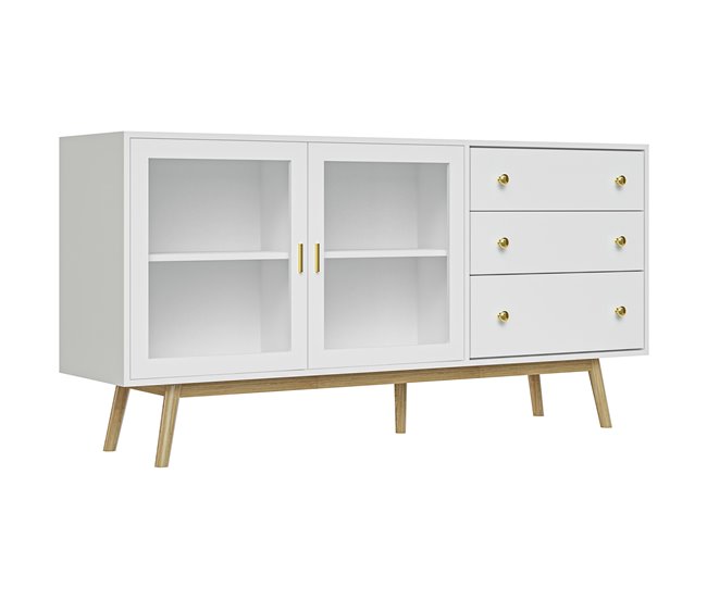 Aparador de Cocina MDF, Vidrio, Madera de Caucho HOMCOM 160 Blanco
