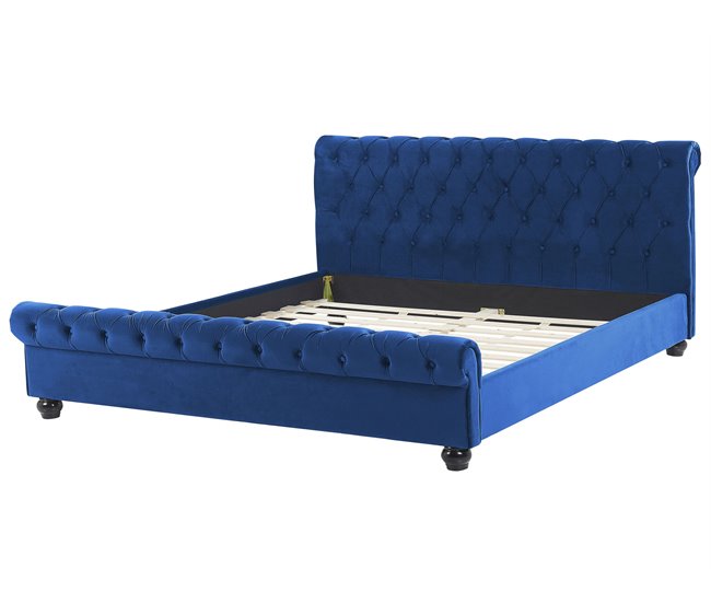 Beliani Cama con somier Terciopelo AVALLON 192x233 Azul Marino