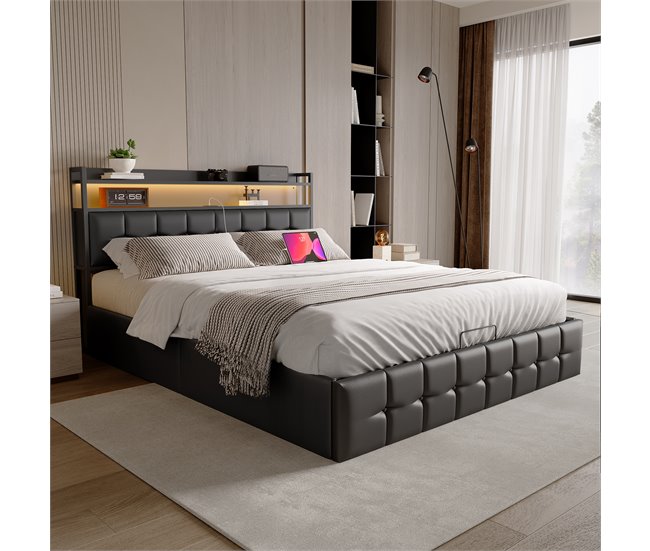 Cama doble con puerto USB, LED y almacenaje. Negro