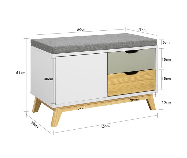 Banco Zapatero con 2 cajones y 1 Puerta FSR92-W SoBuy Blanco