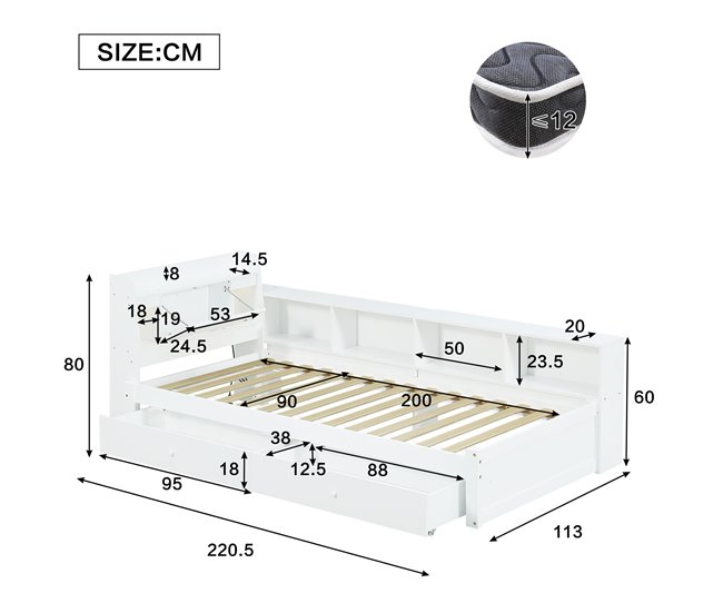 Cama juvenile de madera de pino con 2 cajónes 113x220 Blanco
