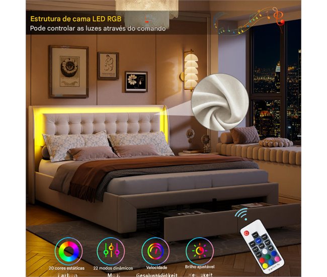 Cama, cajón, LED, USB, bolsa de almacenamiento. 185x203 Beige