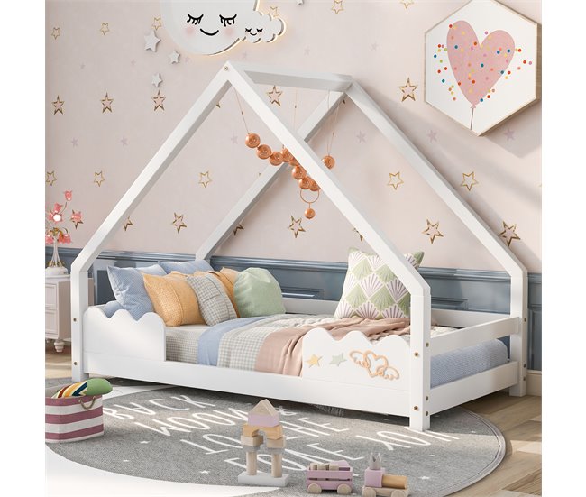 Cama cabaña infantil de madera de pino 206x96 Blanco