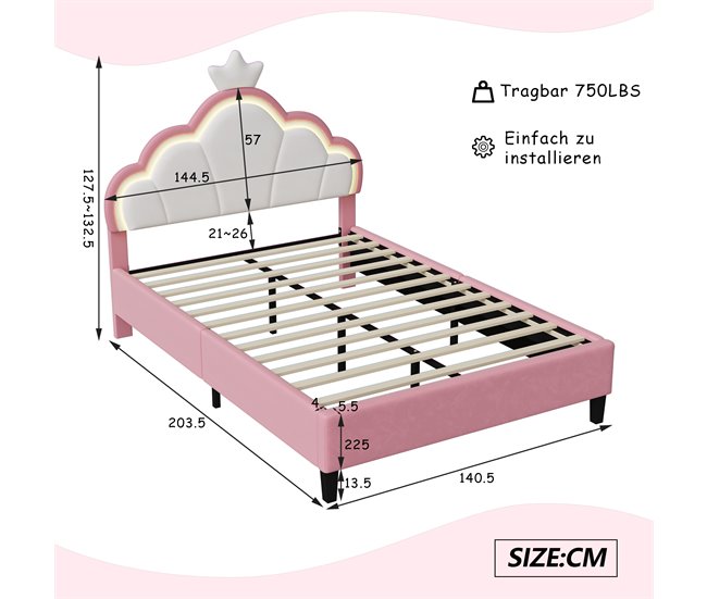 Cama Princesa, con Cabecero Corona Regulable y Luces LED 140x203 Rosa