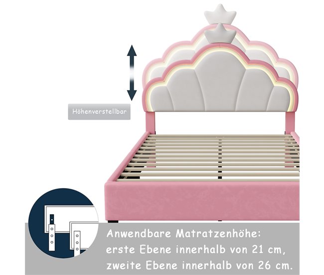 Cama Princesa, con Cabecero Corona Regulable y Luces LED 140x203 Rosa