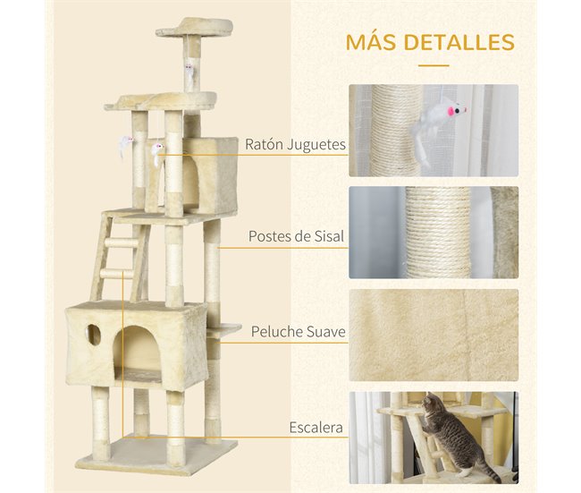 Árbol para Gatos Tablero Madera Aglomerado, Felpa y Sisal PawHut Beige