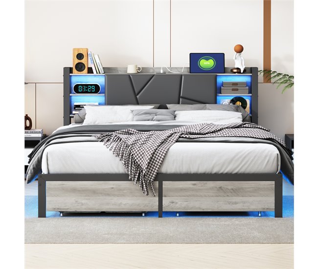 Cama doble con USB, 2 cajones, cabecero PU y LED Negro